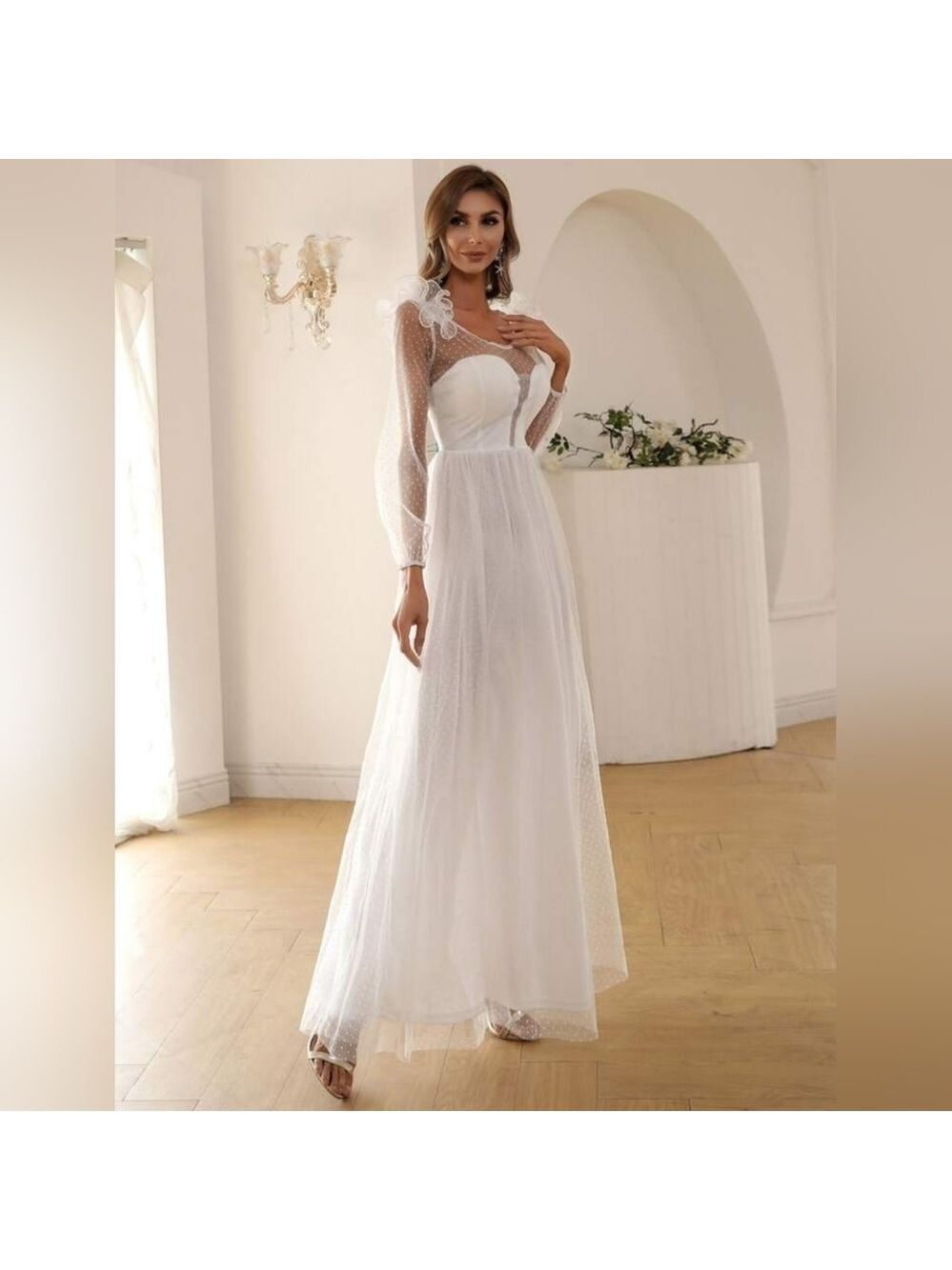 Missord White Dobby Mesh Ruffle Trim Sheer Maxi Dress Large - Picture 4 of 16
